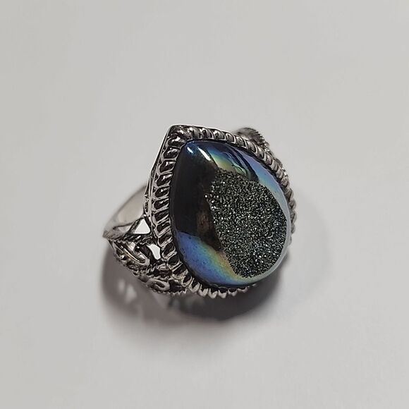 Druzy Quartz Sterling Silver 925 Statement Ring Size 10 - Picture 7 of 8